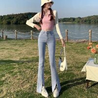 Quần jeans nữ ống loe xẻ tà nhẹ lưng cạp cao tôn dáng
