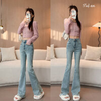 Quần jeans nữ ống loe xẻ tà kiểu dài thiết kế cạp cao,quần bò nữ ống rộng Loại Đẹp Q.C {order 7 ngày}