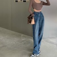 Quần Jeans Nữ Ống Rộng Basic Gân Chéo Mới Lạ 🦋 Quần Bò Nữ Dáng Thụng Lưng Cao Fullsize QD018