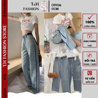 Quần Jeans Nữ Ống Rộng Cạp Phối Màu Cạp Cao Fullsize - Quần Bò Trơn Nữ QD027 - TH FASHION