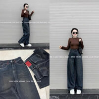Quần jeans nữ ống rộng dáng dài túi sau to thêu mác đỏ