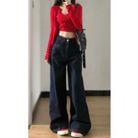 Quần jeans nữ ống rộng lưng cao bản trơn xanh đậm phom dáng basic