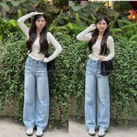 Quần jeans nữ ống rộng màu xanh nhạt wash vằn hổ