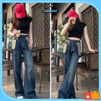 Quần jeans nữ ống rộng, quần jean lưng cao túi đắp kiểu kèm ảnh thật (CT319)