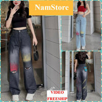 Quần jeans nữ ống rộng NamStore eo cạp cao in màu phối rách gối cá tính M5481