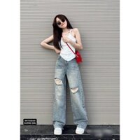 Quần Jeans Nữ Ống Suông Phối Rách Cao Cấp OHS5644
