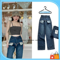 Quần jeans nữ ống suông, quần jean lưng cao kiểu dáng lộ túi hot douyin (CT120)