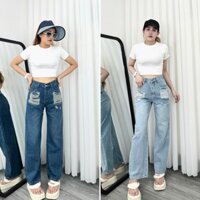Quần Jeans Nữ Ống Suông Rách Túi, Lai Cuốn