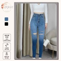 Quần jeans nữ rách gối lưng cao ống suông quần bò nữ bó ôm body skinny fit HIJUNE QJ04