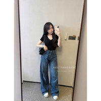 Quần jeans nữ suông dáng dài chiết ly