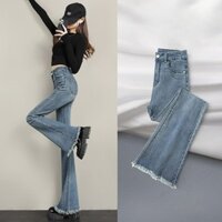 Quần jeans ống loe lưng cao tua rua co giãn dành cho nữ
