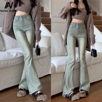 Quần jeans ống loe lưng cao nữ, quần jeans ống loe co giãn bốn chiều phong cách Hàn Quốc làm nổi bật vóc dáng của bạn