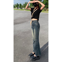 Quần jeans ống loe mài đùi xẻ gấu lưng cao chất bò dãn siêu hack dáng [+84]