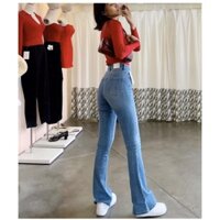 Quần jeans ống loe màu xanh sáng dáng lửng