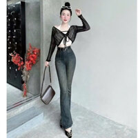 Quần jeans ống loe nữ, quần jeans co dãn cạp cao túi đắp trước Size S M L - Kamiu Shop
