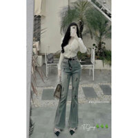 Quần jeans ống loe, quần jeans lưng cao hoạ tiết