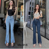 Quần jeans ống loe xẻ lệch gấu cạp cao co dãn kèm ảnh thật