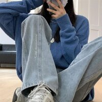 Quần jeans ống rộng dáng suông viền gạch giữa quần basic mẫu mới