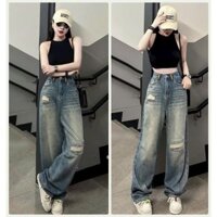Quần jeans ống rộng nữ MIAA Wash bụi màu xanh cá tính , quần bò ống suông phong cách Ulzzang Hàn Quốc