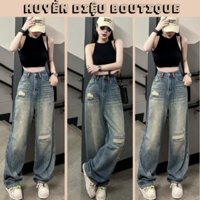 Quần jeans ống rộng nữ Wash bụi màu xanh cá tính , quần bò ống suông phong cách Ulzzang Hàn Quốc
