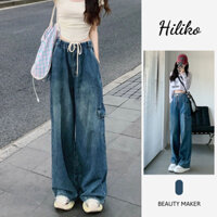 Quần jeans ống rộng túi hộp cạp chun, quần jean túi hộp nữ ống suông phong cách - Hiliko- QuanJeandayrutbung9899_P0K42