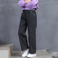 Quần Jeans Ống Suông Lưng Bản Thun Bé Gái, Quần Bò Bé Gái Thời Thượng Hot Trend