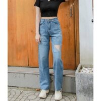 Quần jeans ống suông rách gối cạp siêu cao B2-150