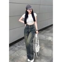 Quần Jeans ống suông viền nổi cạp cao màu sắc thời trang , phong cách hiện đại