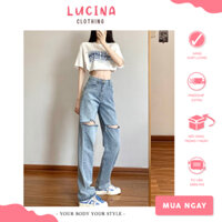 Quần JEANS rách gối nữ ống rộng màu xanh,Quần bò baggy dày dặn FORM đứng suông phong cách đường phố cá tính mới nhất