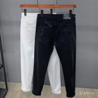 Quần jeans rách nam thời trang màu đen, vừa vặn, dài đến đầu gối, phong cách Hàn Quốc, quần dài trắng cho sinh viên