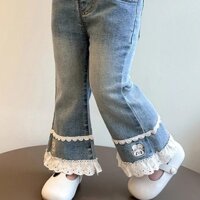 Quần jeans ren cho bé gái phong cách Hàn Quốc, quần jeans lưng giữa rộng rãi