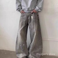 Quần jeans rộng phong cách Mỹ, in mực, dáng cong retro, xu hướng mùa thu, quần dài nam, giặt sạch, cao cấp, đường phố cao cấp