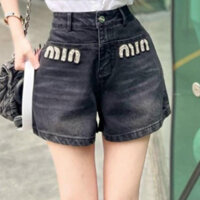 Quần jeans short nữ đính đá gấp gấu lưng cao