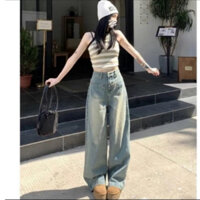 Quần jeans suông li chéo lưng cao màu mới phong cách Hàn Quốc, trẻ trung, năng động, cá tính 2024 Nữ Voi quần ống rộng.