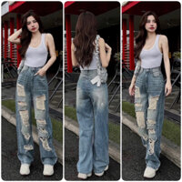 Quần Jeans Suông Nữ Lưng cao rách tả tơi xanh rêu wash vàng bụi cá tính, quần dài 103cm chất jean cotton không giản.5778