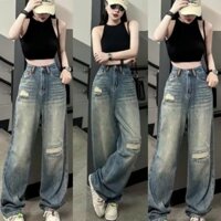 Quần Jeans suông ống rộng rách dài 103cm tông màu đậm trầm hot trend