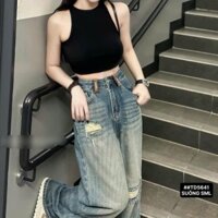 Quần Jeans suông ống rộng rách gối màu xanh đậm
