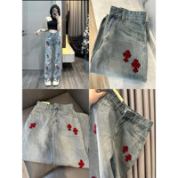 Quần jeans suông ống rộng thêu chữ thập đỏ siêu hot