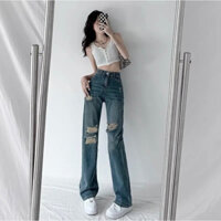 Quần jeans suông QC phối rách kiểu dài 103cm Q0257