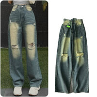 Quần jeans suông Rách Gối tông màu xanh rêu dài 103cm, jean mềm không giản. 5607