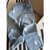 Quần jeans thêu gấu trắng cho nữ đầu xuân mới cạp cao dáng rộng che phủ thịt ôm quần ống rộng ống đứng