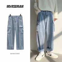 Quần jeans unisex ống suông túi hộp LOWKEY phong cách Hàn Quốc K2001 - Màu xanh giá rẻ 2022