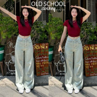 Quần jeans xanh bạc ánh rêu QC ống rộng #7599