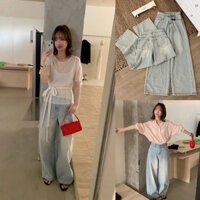 Quần jeans xanh bạc ống suông rộng, jeans nữ wax ống to rộng basic Salavi N1 024