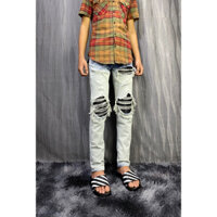 Quần jeans xanh bạc vá da đen cứng, vá may bo viền