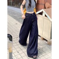 Quần jeans xanh đậm retro Mỹ cho nữ mùa thu, kiểu dáng đồng sunfat, quần ống rộng, quần dài đến sàn
