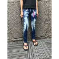 Quần jeans xanh loang bạc tang hồng rách nhẹ