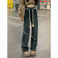 Quần Jeans Xanh Mài Rêu Rách Chéo Tua Rua Buộc Dây Thừng Ống Rộng Phong Cách Cá Tính