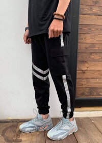 QUẦN JOGGER NAM PHẢN QUANG CHÉO TÚI HỘP THỂ THAO TÚM CHÂN - ĐEN - M