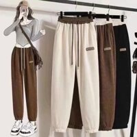 Quần jogger nhung tăm ống rộng phối chữ, lưng siêu cao, lưng thun kèm dây rút cá tính ( có ảnh thật)